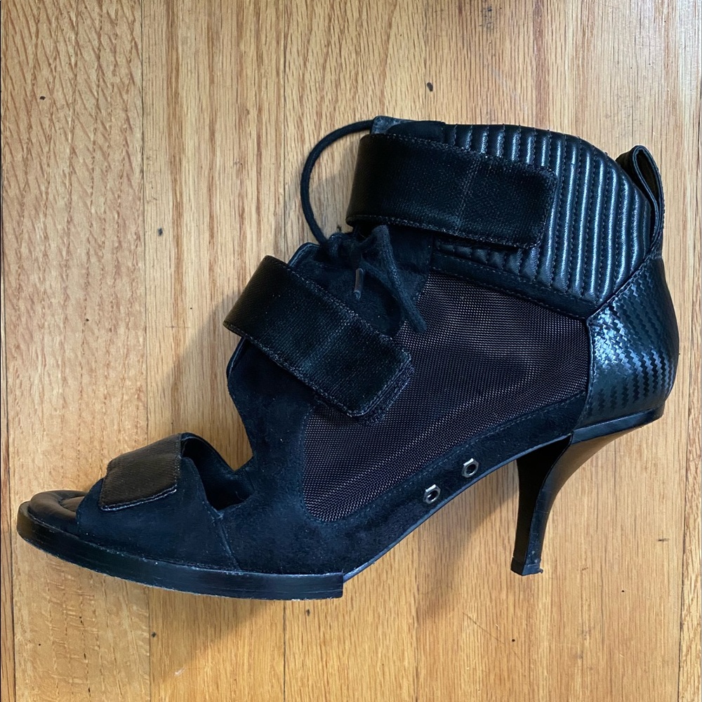 Alexander Wang Black Suede and Mixed Materials Ribbed Stiletto Heel Sandals